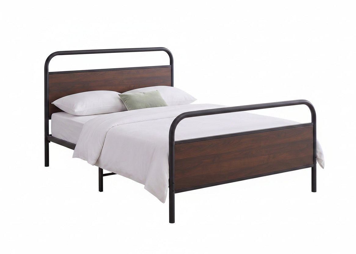 IF-5255 Bed, Black, Metal Frame, Brown Wood Panel Accents