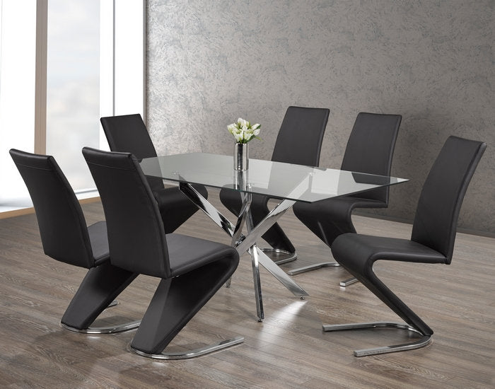 T-1448 | C-1785 Dining Set, 7 Pc, 63" Table + 6 Chairs, Chrome + Glass Table, "Z" Chrome + Black Chairs