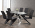 T-1448 | C-1785 Dining Set, 7 Pc, 63" Table + 6 Chairs, Chrome + Glass Table, "Z" Chrome + Black Chairs