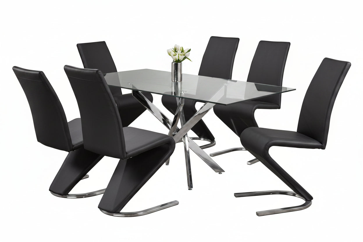 T-1448 | C-1785 Dining Set, 7 Pc, 63" Table + 6 Chairs, Chrome + Glass Table, "Z" Chrome + Black Chairs