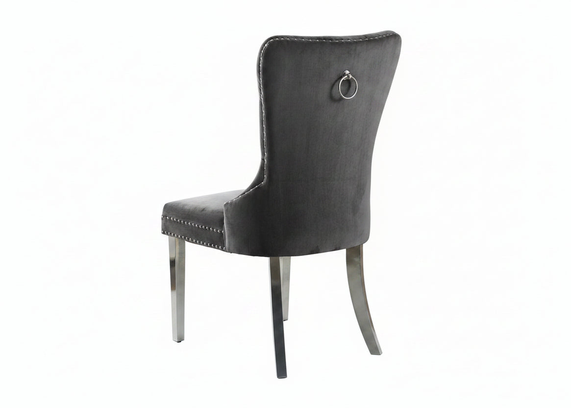 T-1448 | C-1260 Dining Set, 7 Pc, 63" Table + 6 Grey Tufted Velvet Chairs, Chrome Steel Table Legs, Glass Top