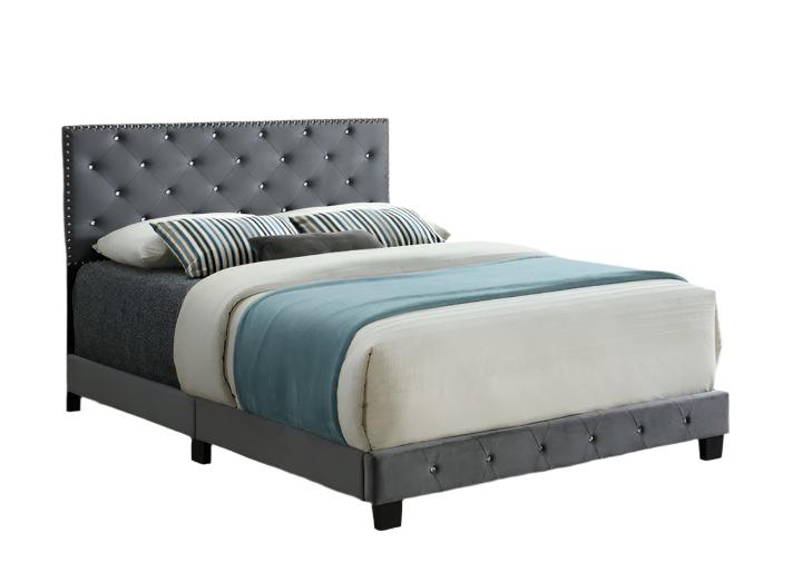 IF-5650 Bed, Grey, Velvet, Nailhead and Rhinestone Detail, Adjustable Headboard