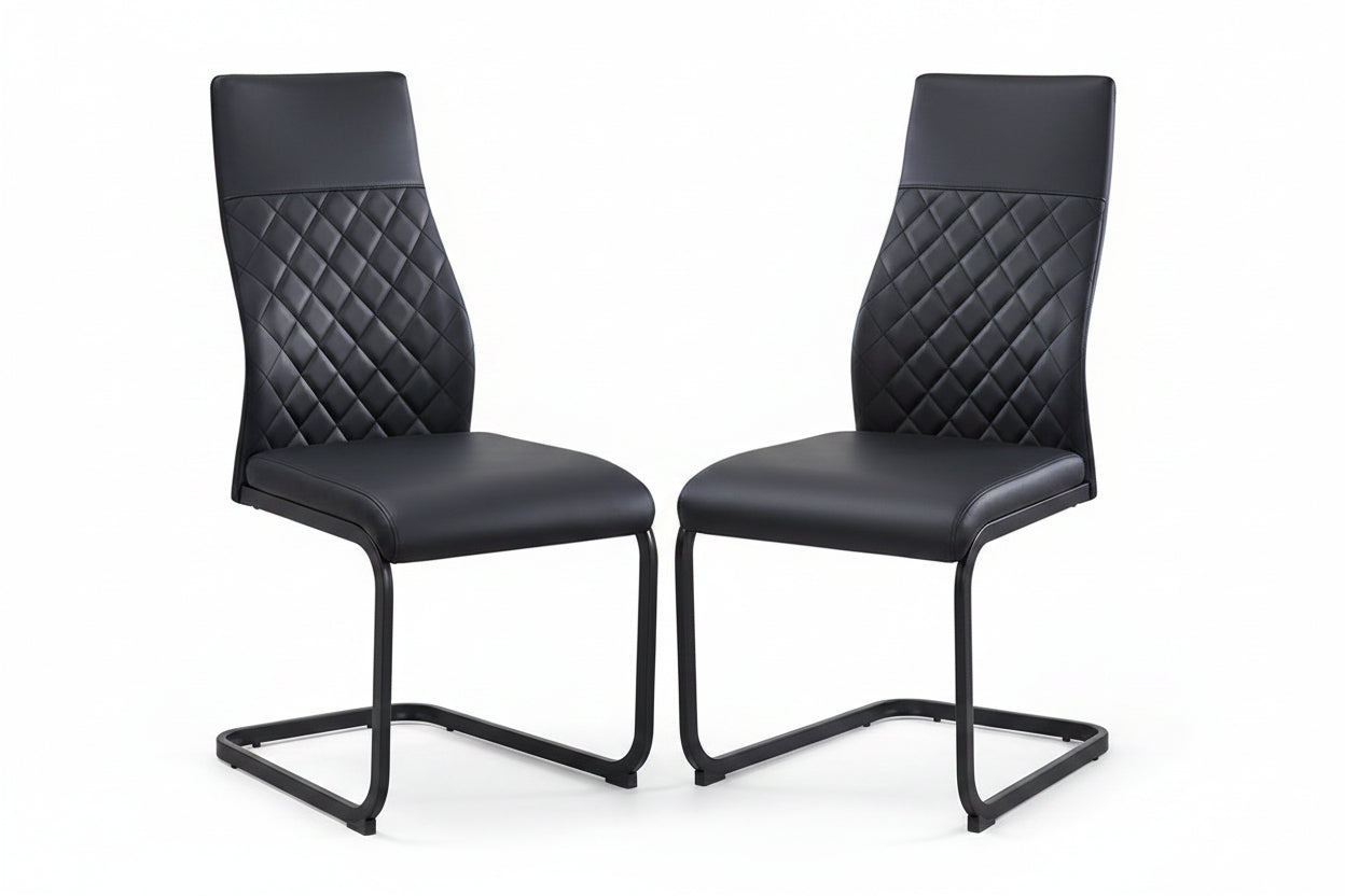 C-1578 Dining Chair, Black Faux Leather, C-Shaped Black Steel Base, Diamond Stitching, (Set of 2)