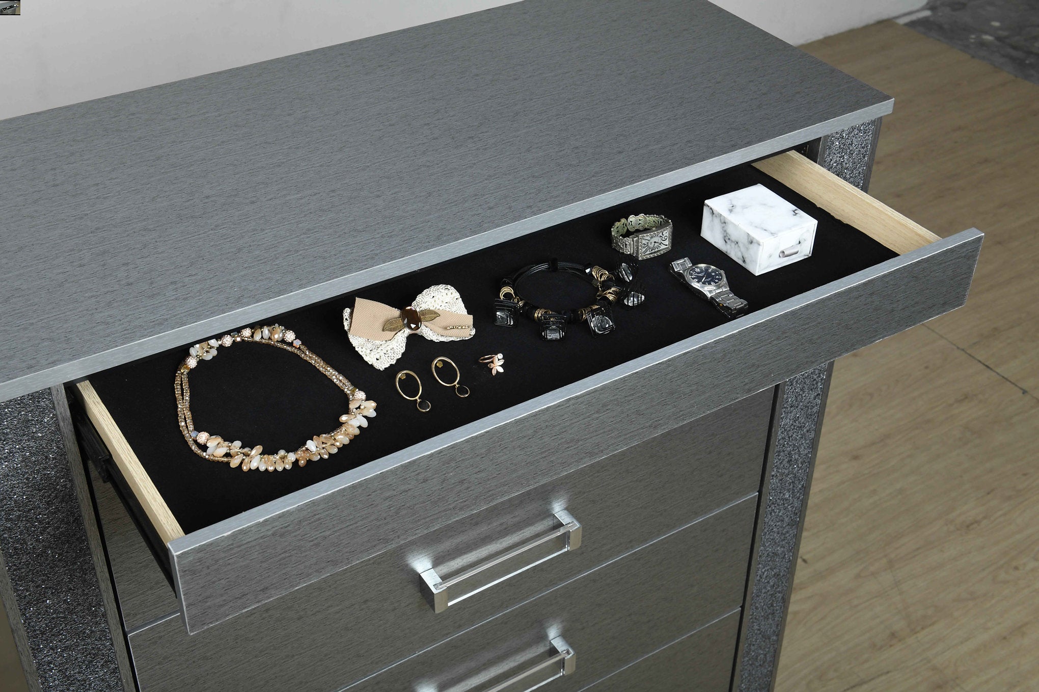 "LOGAN SILVER" Deluxe Bedroom Set, 6Pc, Sleek Silver, Dazzling Crushed Crystal Accents