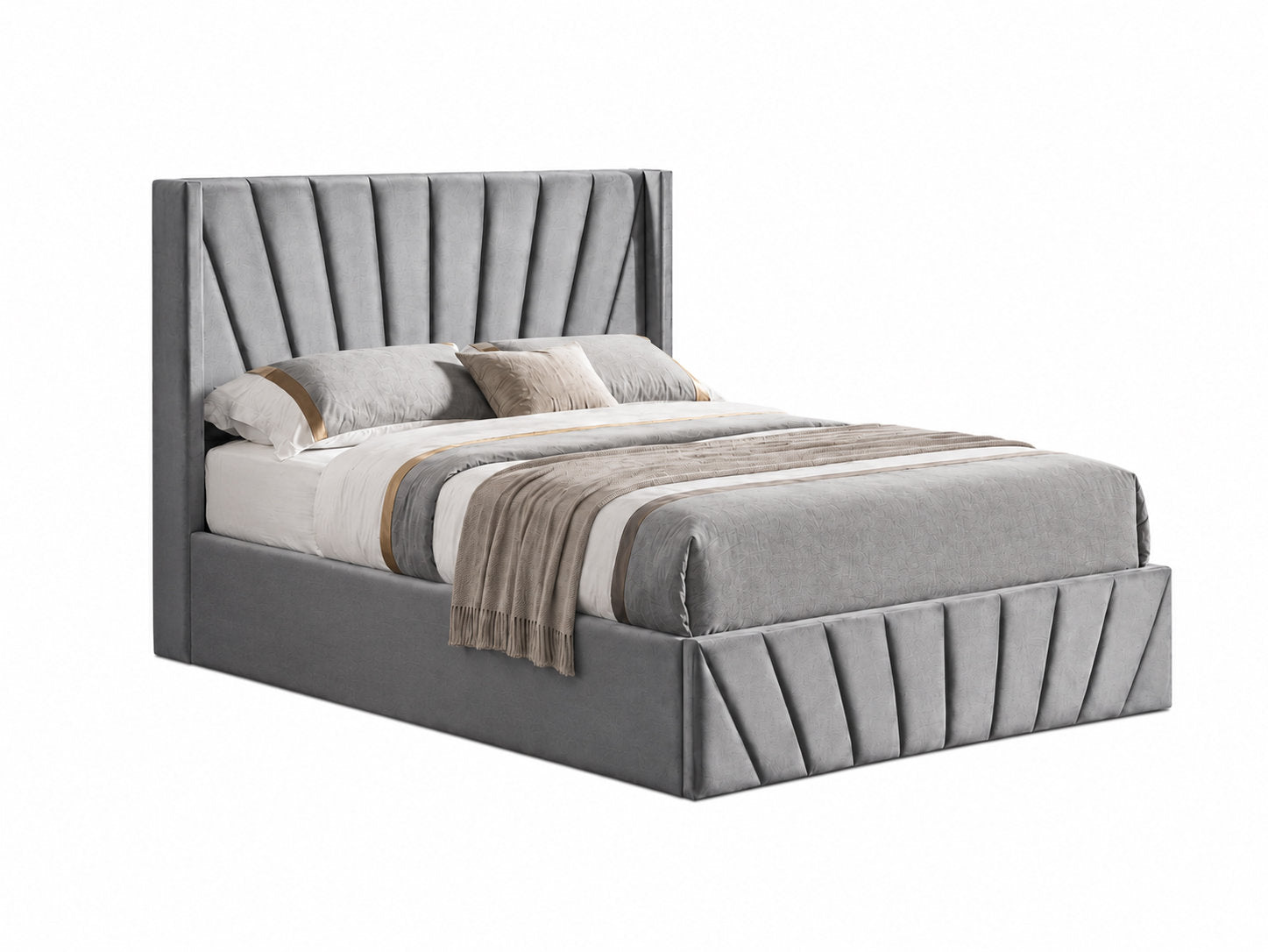 IF-5870 Lift Bed, Silver-Grey Velvet, Enclosed Storage, Elegant Fan-Tufted Headboard and Footboard