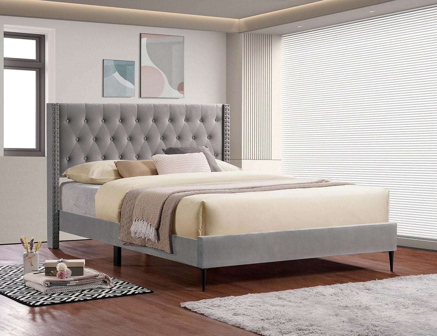 Bed - Grey Velvet with Diamond Pattern Tufting  IF-5590