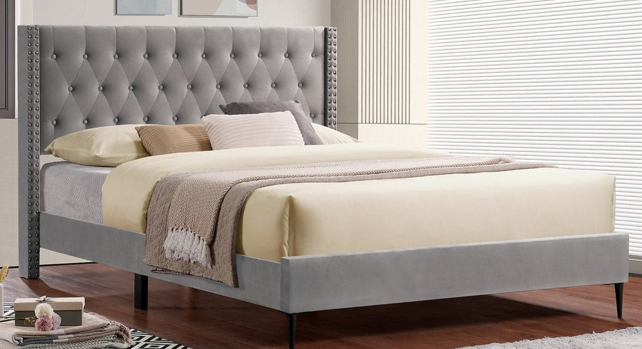 Bed - Grey Velvet with Diamond Pattern Tufting  IF-5590