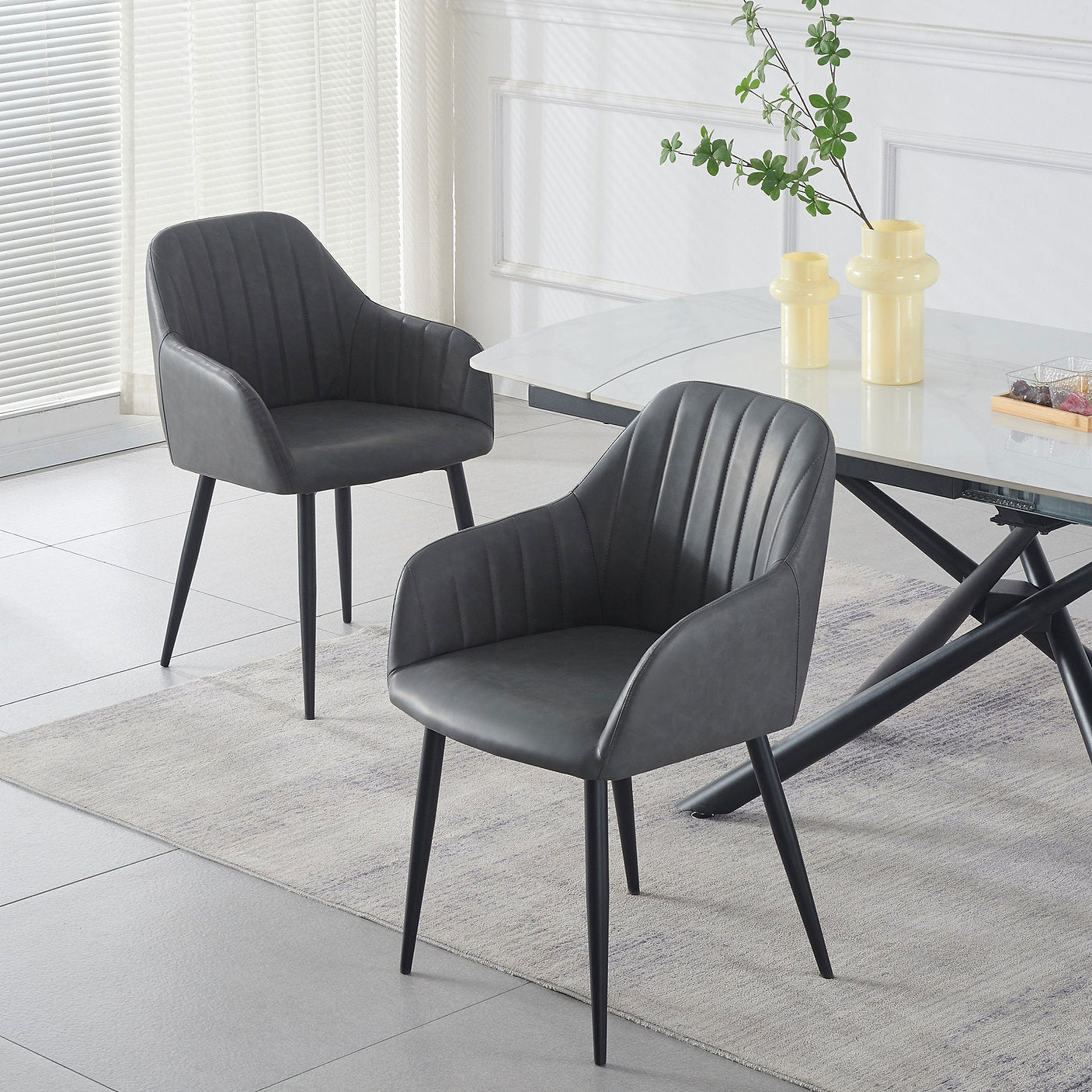 C-1416 Dining Chair, Dark Grey, Faux Leather, Elegant Vertical Channel Stitching Detail, Set of 2