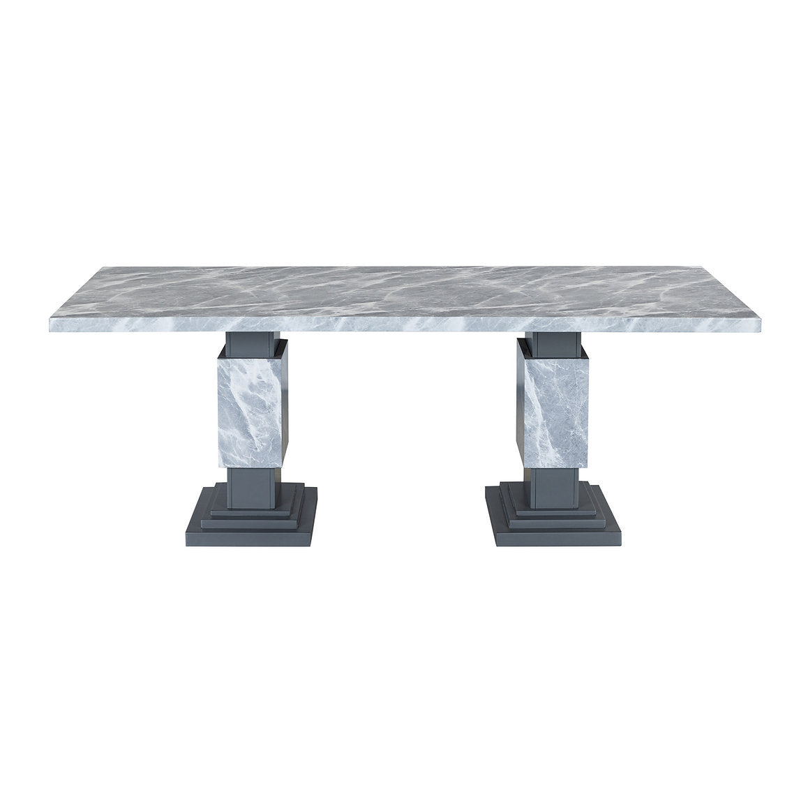 T-1600 Dining Table, 82" Long, Faux Grey Marble Top, Double Pedestal Base