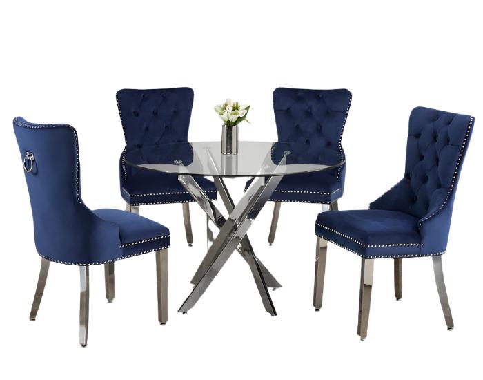 T-1447 | C-1262 - 5Pc Dining Set - 44" Round Glass Top Table and 4 Blue Velvet Chairs