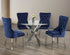 5Pc Dining Set - 44" Round Glass Top Table and 4 Blue Velvet Chairs  T-1447 | C-1262