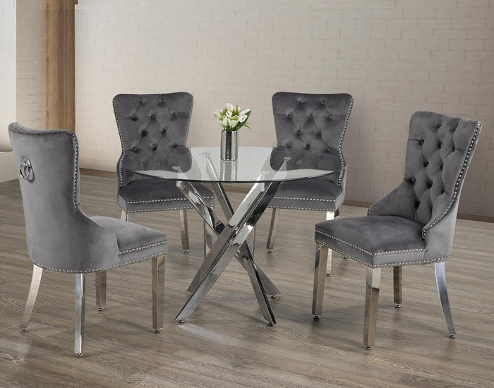 5Pc Dining Set - 44" Round Glass Table Top with 4 Grey Velvet Chairs  T-1447 | C-1260