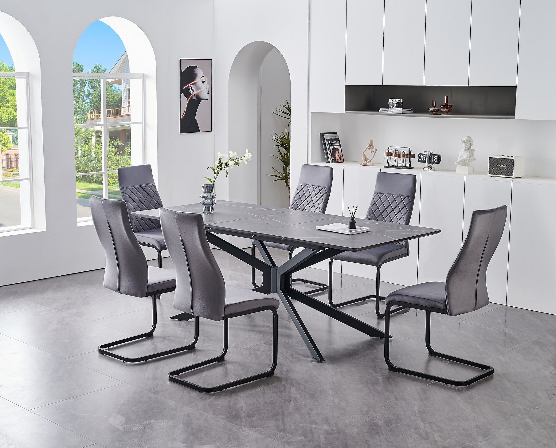 T-1570 | C-1572 Dining Set, 7Pc, Extensions Table, 63"-79" Long, Faux Grey Marble Top, X-Shaped Black Steel Base, Grey Velvet Chairs