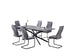 T-1570 | C-1572 Dining Set, 7Pc, Extensions Table, 63"-79" Long, Faux Grey Marble Top, X-Shaped Black Steel Base, Grey Velvet Chairs