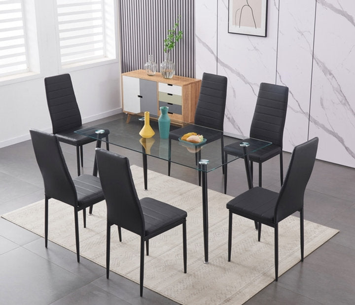 7Pc Dining Set - 55" Glass Table with Black Legs  T-5031 | C-5054