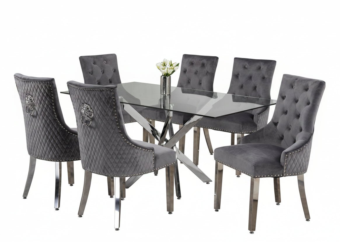 T-1448 | C-1250 Dining Set, 7 Pc, 63" Table + 6 Grey Tufted Velvet Chairs, Chrome Steel Table Legs, Glass Top