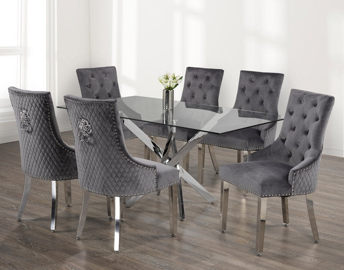 T-1448 | C-1250 Dining Set, 7 Pc, 63" Table + 6 Grey Tufted Velvet Chairs, Chrome Steel Table Legs, Glass Top