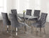 T-1448 | C-1250 Dining Set, 7 Pc, 63" Table + 6 Grey Tufted Velvet Chairs, Chrome Steel Table Legs, Glass Top