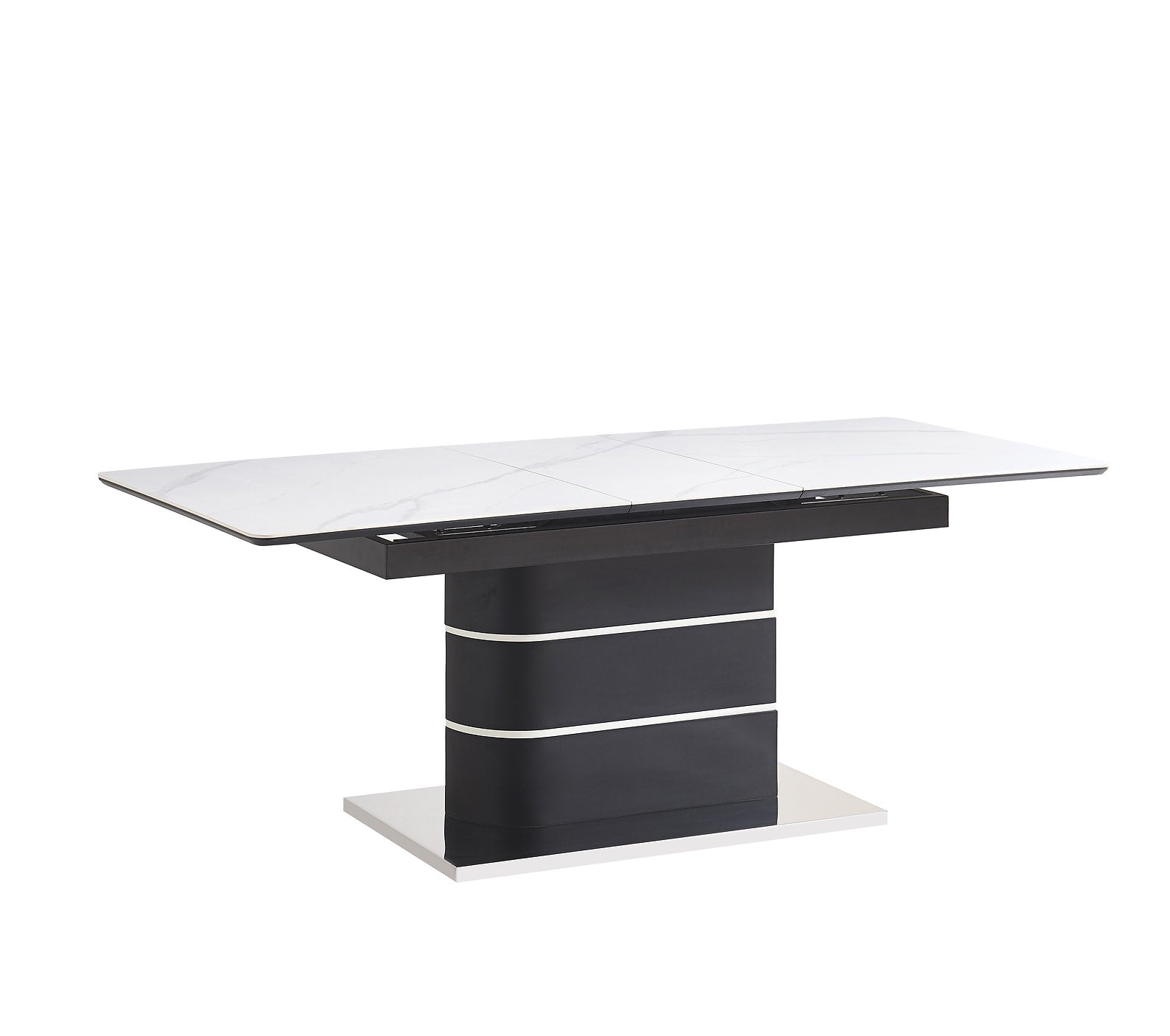 T-1410 Dining Table, Extends 63"-79", Sintered Stone Top, White Marble, Black and Chrome Base