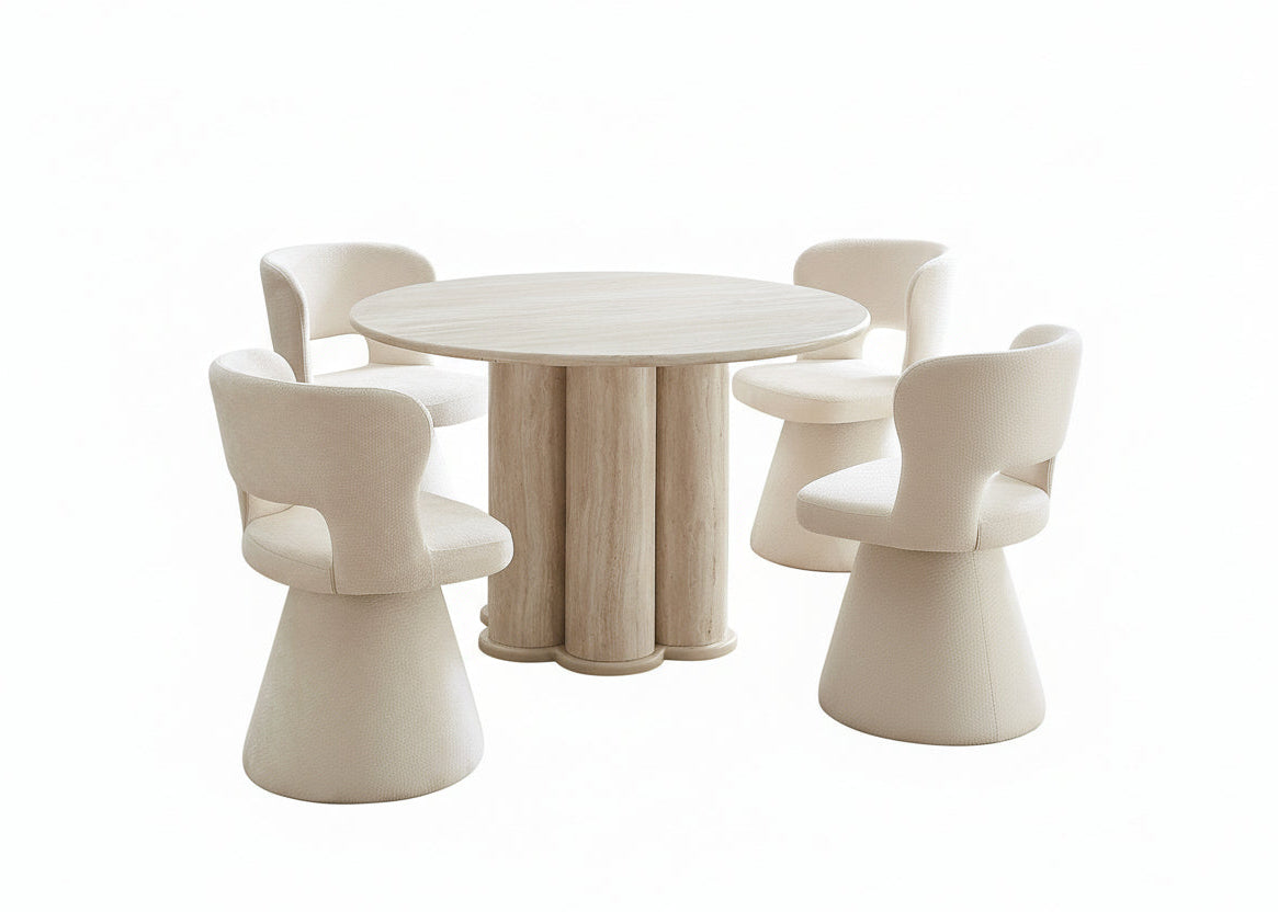 T-1435 C-1436 Dining Set, 5 Pc, 48" Round Table + 4 Chairs, Light Travertine-Look Finish