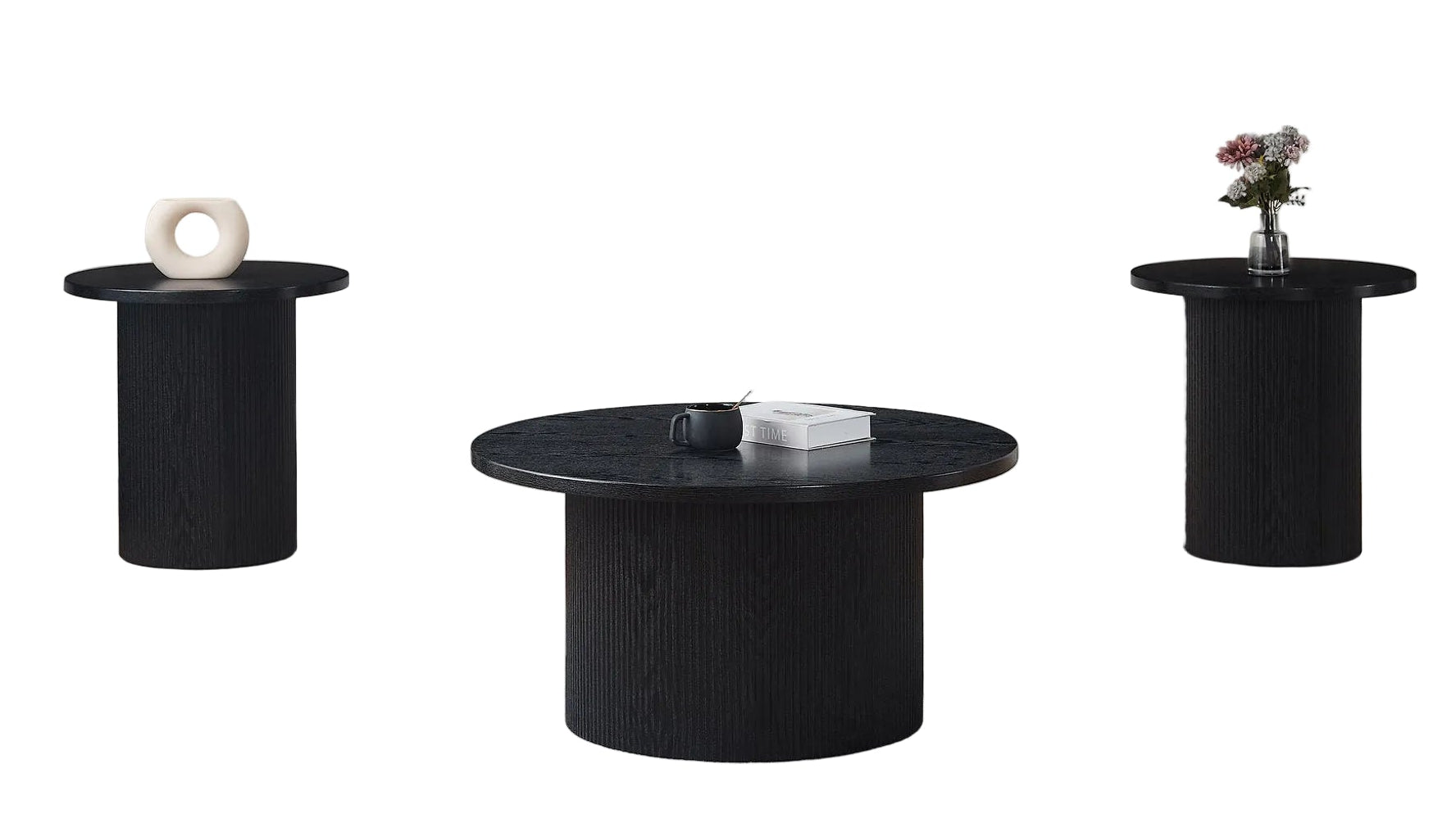 IF-2660 Coffee Table Set, 3Pc, Black Base, Black Round Wooden Top