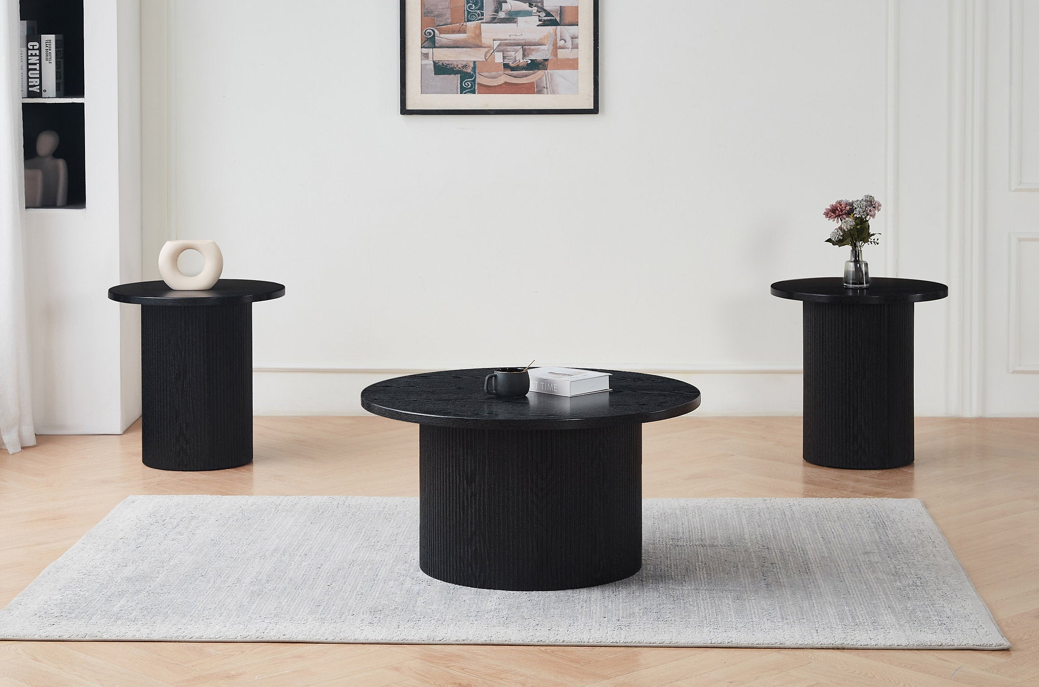 IF-2660 Coffee Table Set, 3Pc, Black Base, Black Round Wooden Top