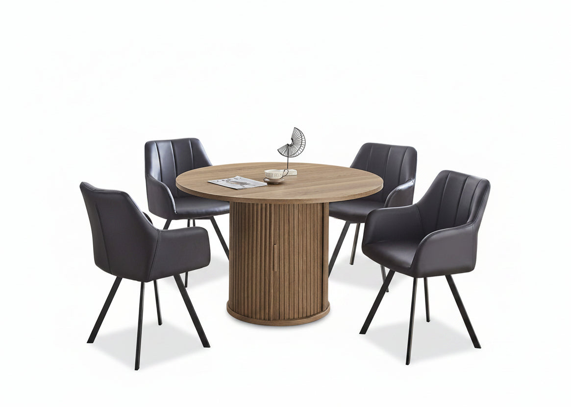 T-1408 | C-1413 Dining Set, 5 Pc, 48" Round Wood Table, Pedestal Design, Hidden Door, Fluted Base, 4 Black Chairs
