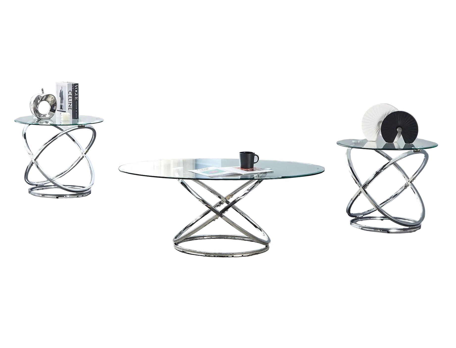 IF-2640 Coffee Table Set, 3Pc, Chrome Base, 3Pc, Oval and Round Clear Glass Top