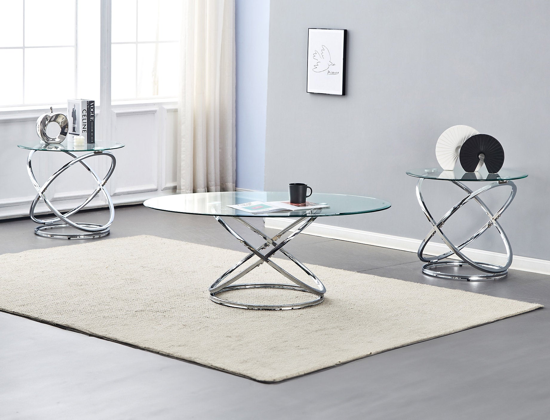 IF-2640 Coffee Table Set, 3Pc, Chrome Base, 3Pc, Oval and Round Clear Glass Top