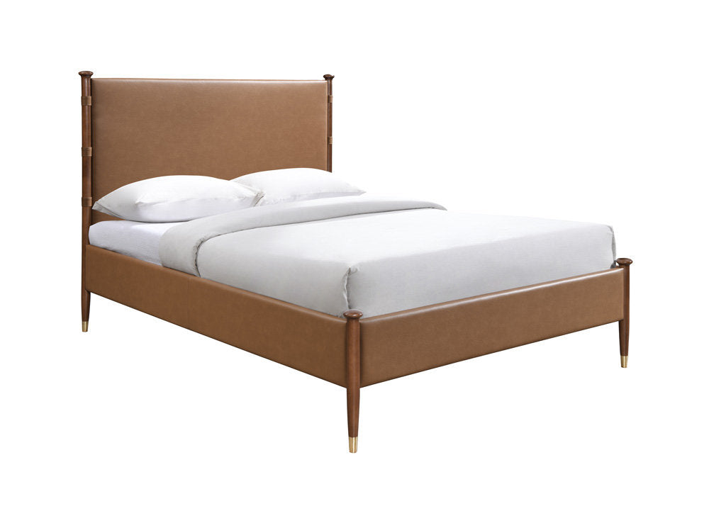 IF-5125 Bed, Brown Wooden legs, Upholstered Headboard, and Frame