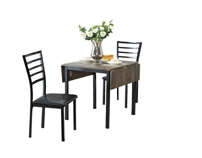 IF-1023 Dining Set, 3Pc or 5Pc, Adjustable 30" - 48" Brown Table Top, Adjustabe, Black Metal Frame, 2 Drop Leafs, Faux Leather Seat Chairs, Black Metal Frame