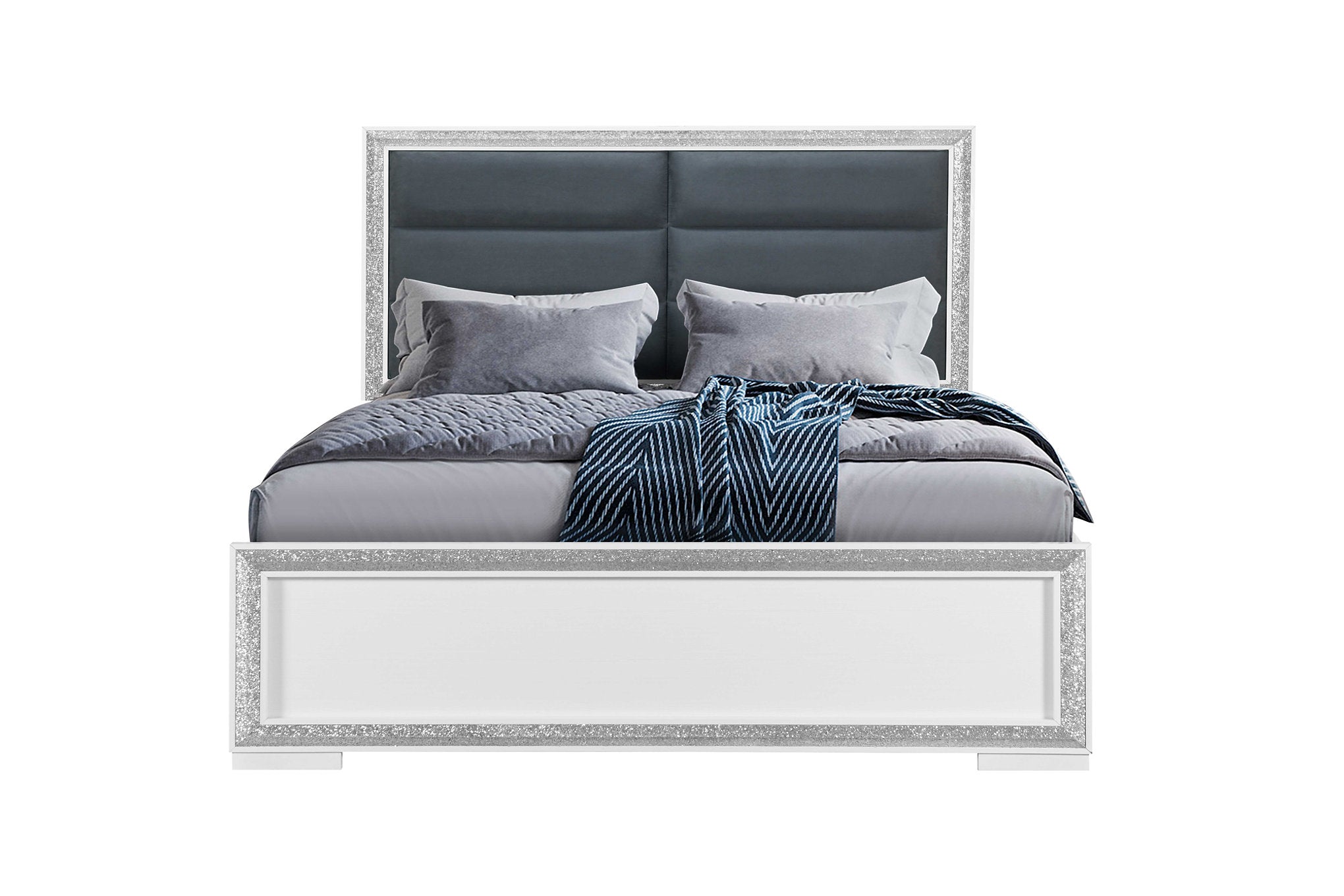 "ANDROS SILVER" Deluxe Bedroom Set, 6Pc, Glossy White, Glamorous Silver Trim, LED Accent Lighting