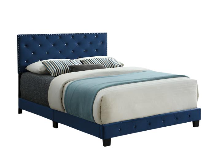 IF-5652 Bed, Blue, Velvet, Nailhead and Rhinestone Detail, Adjustable Headboard