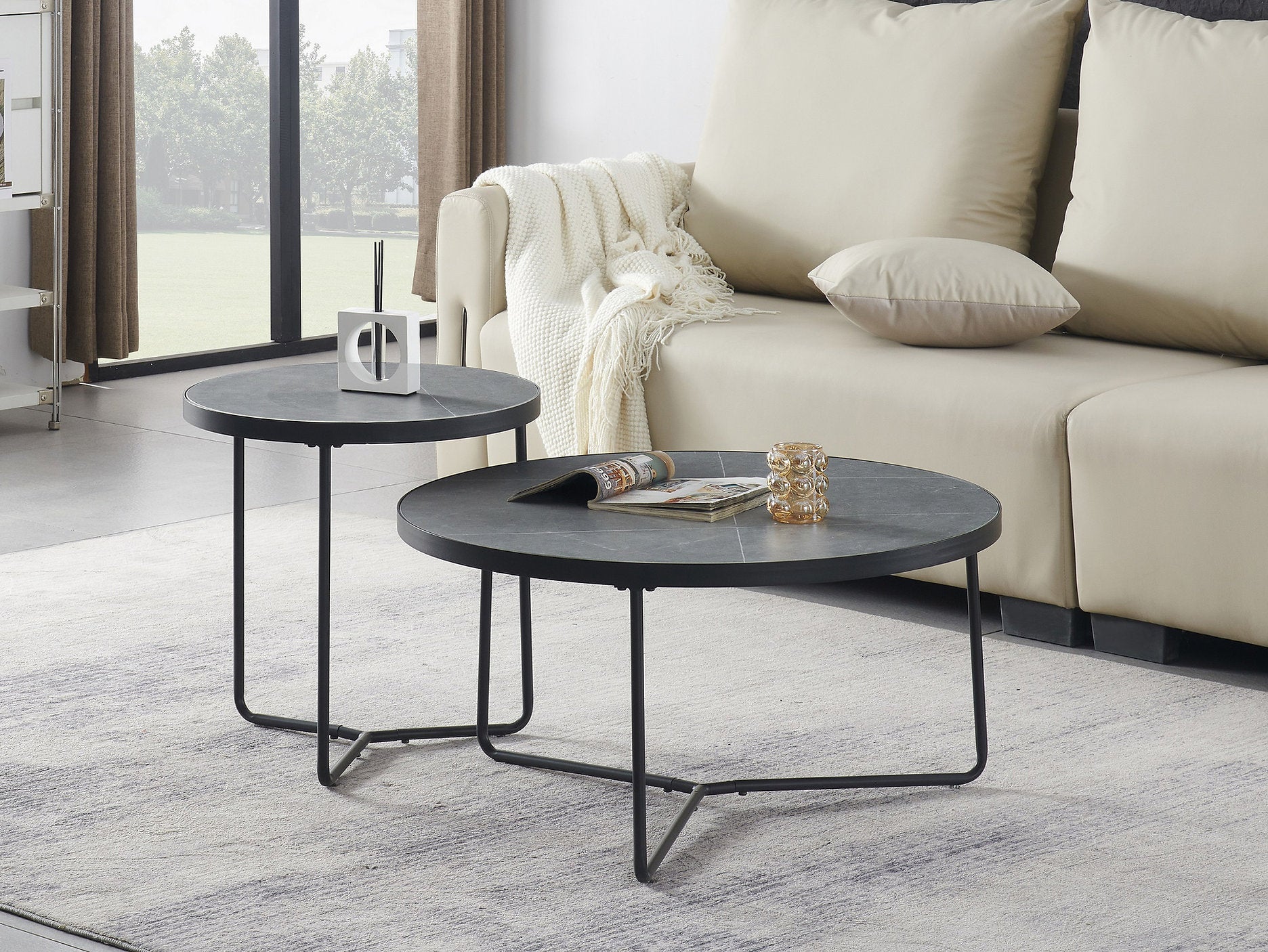 IF-2621 Coffee Table Set, 2Pc, Nested, Sintered Stone Armani Grey Marble Top, Black Steel Base