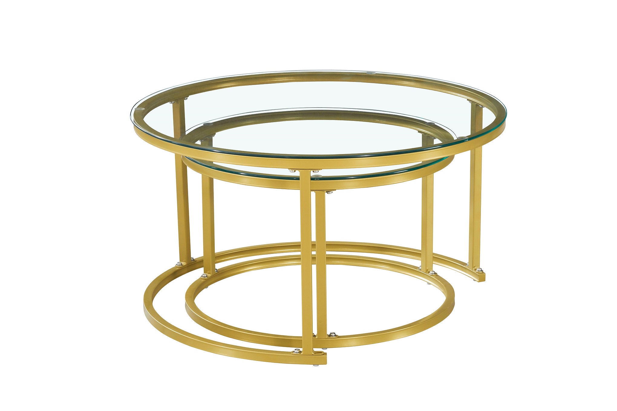 IF-2612 Coffee Tables, 2Pc Set, Nesting, 32" Round, 24" Round, Gold Steel Frames with Tempered Glass Tops