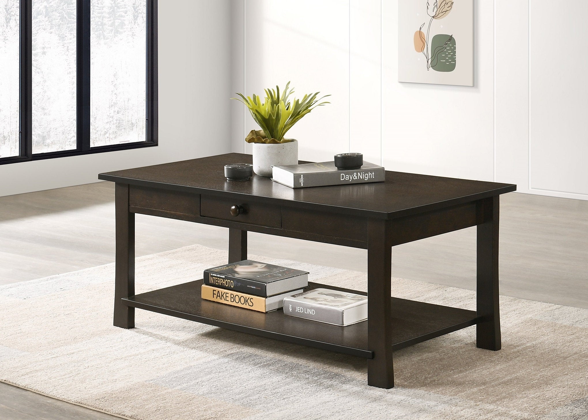 IF-3200 Coffee Table, Espresso, Wood, 42" Wide, Storage Shelf, Storage Drawer