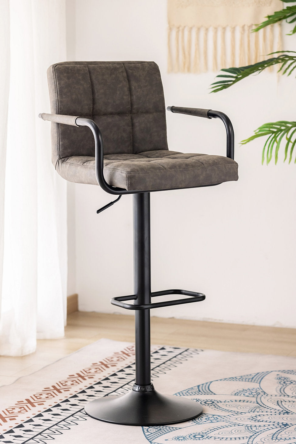 ST-7706 Barstool, Grey Faux Leather, Adjustable Height, Black Base, Footrest