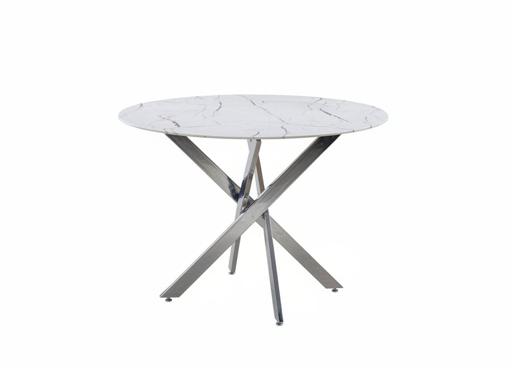 T-1445 Dining Table, White Faux Marble, 44" Round, Glass Top, Chrome Metal Frame