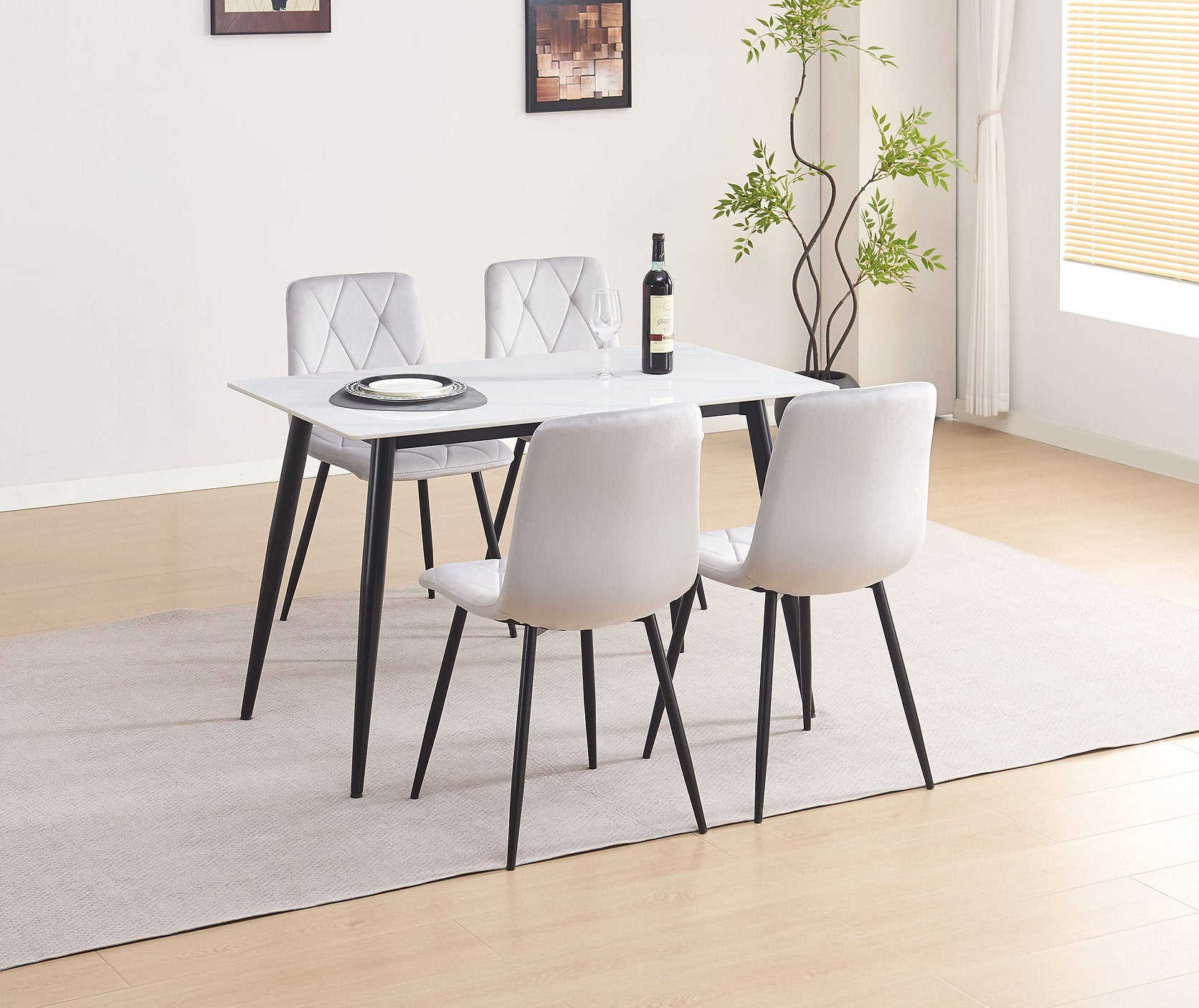 T-1630 | C-1631 Dining Set, 5 Pc, 48" Table + 4 Chairs, Light Grey Chairs, White Faux Marble Top Table