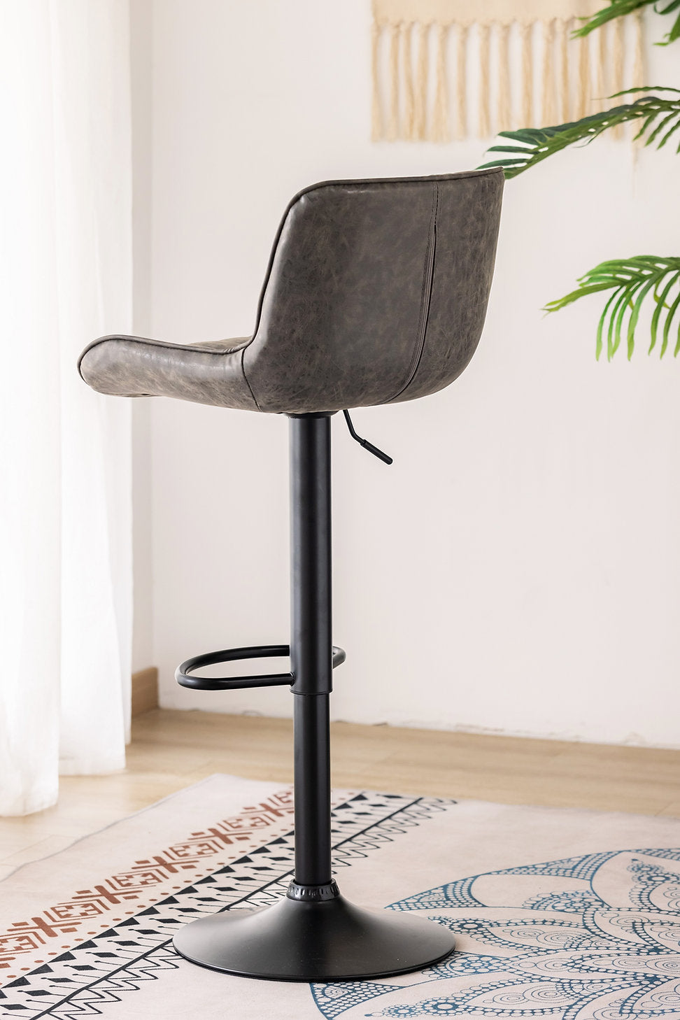 ST-7821 Barstool, Grey Faux Leather, Adjustable Height, Black Base, Footrest