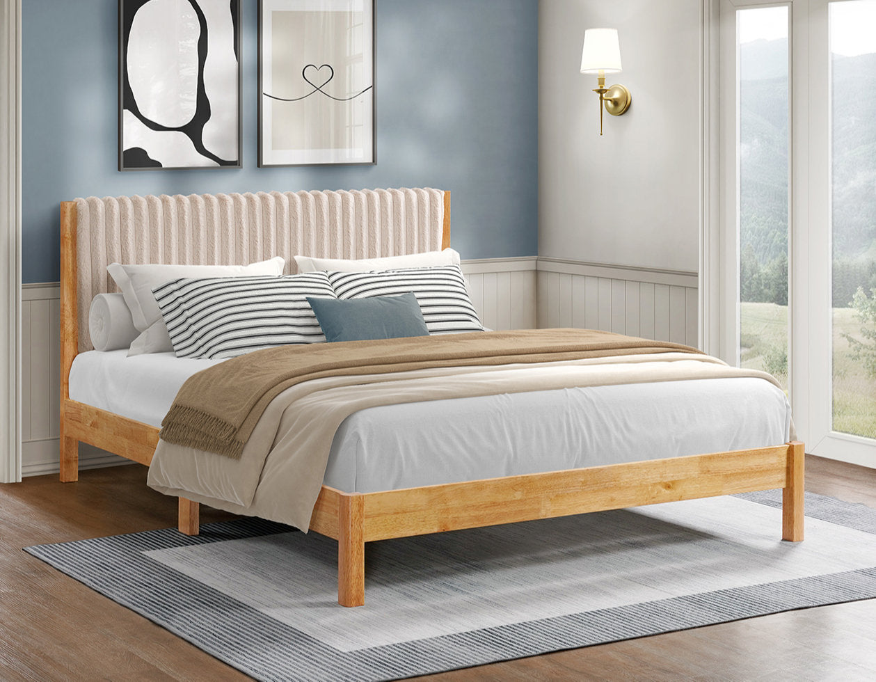 IF-5598 Bed, Brown Wooden Legs, Beige Upholstered Headboard, Vertical Channel Detailing