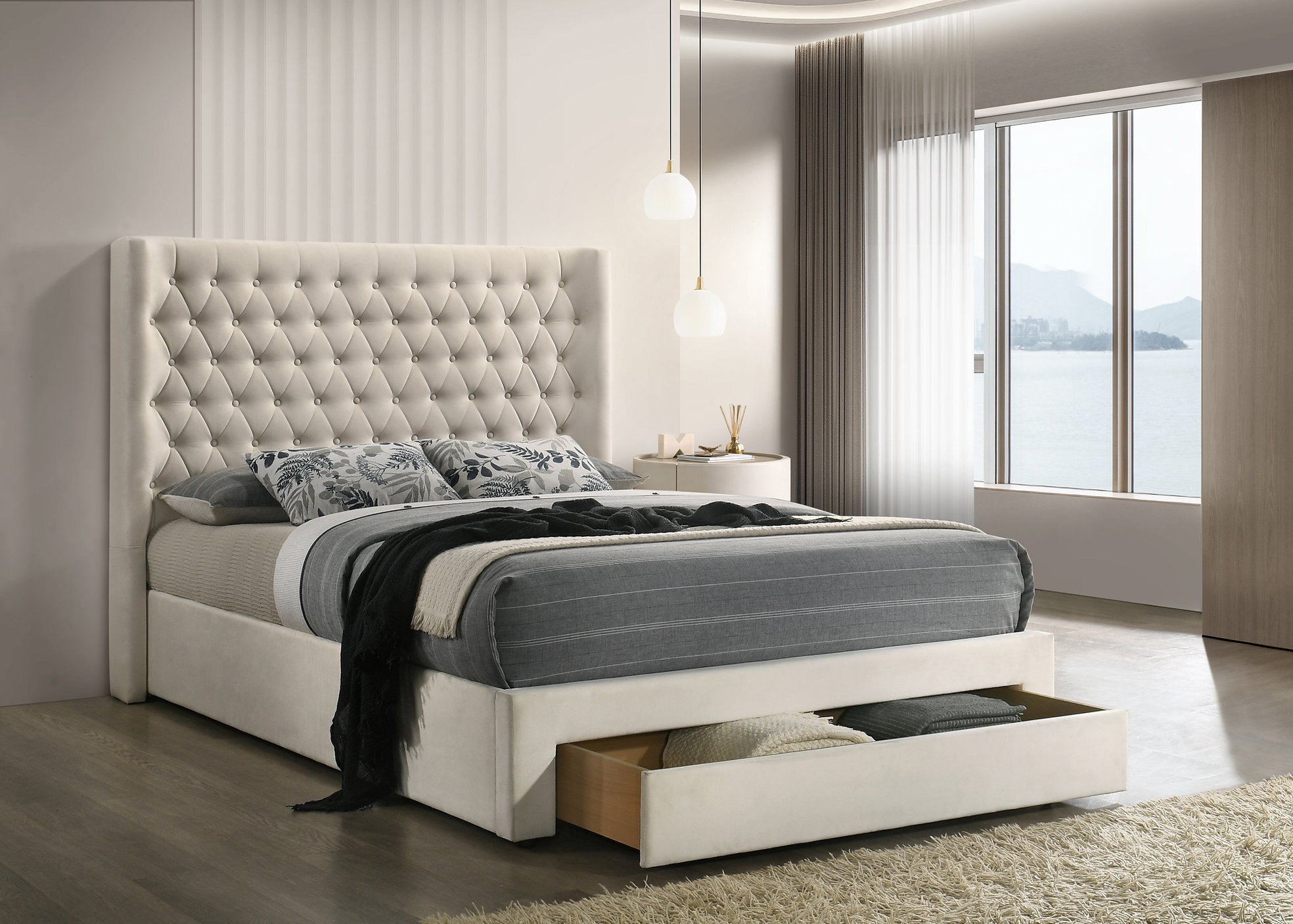 IF-5760  Bed, Ivory, Velvet, Tufted Headboard, Storage Drawer