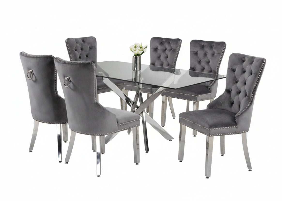 T-1448 | C-1260 Dining Set, 7 Pc, 63" Table + 6 Grey Tufted Velvet Chairs, Chrome Steel Table Legs, Glass Top