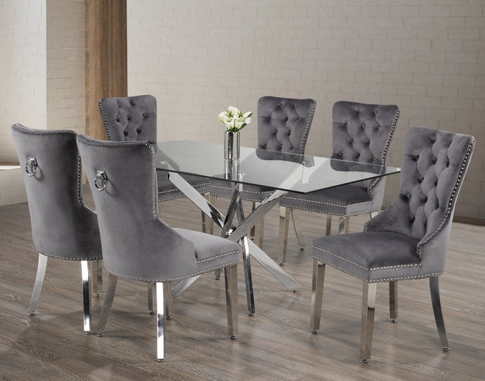 T-1448 | C-1260 Dining Set, 7 Pc, 63" Table + 6 Grey Tufted Velvet Chairs, Chrome Steel Table Legs, Glass Top
