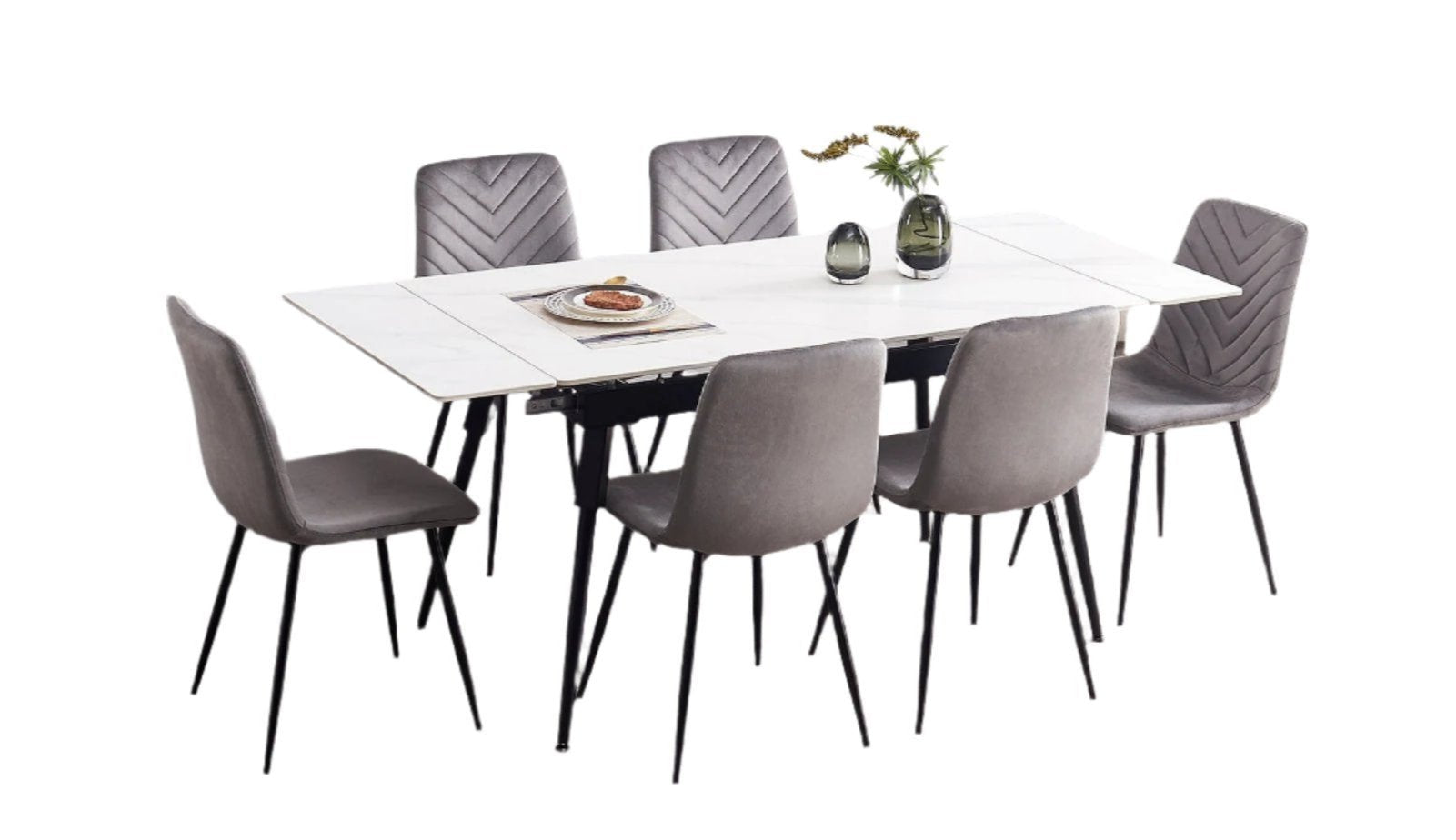 T-1818 | C-1817 Dining Set, Adjustable Table, 55"-75" Sintered Stone White Marble Top, Grey Velvet Chairs