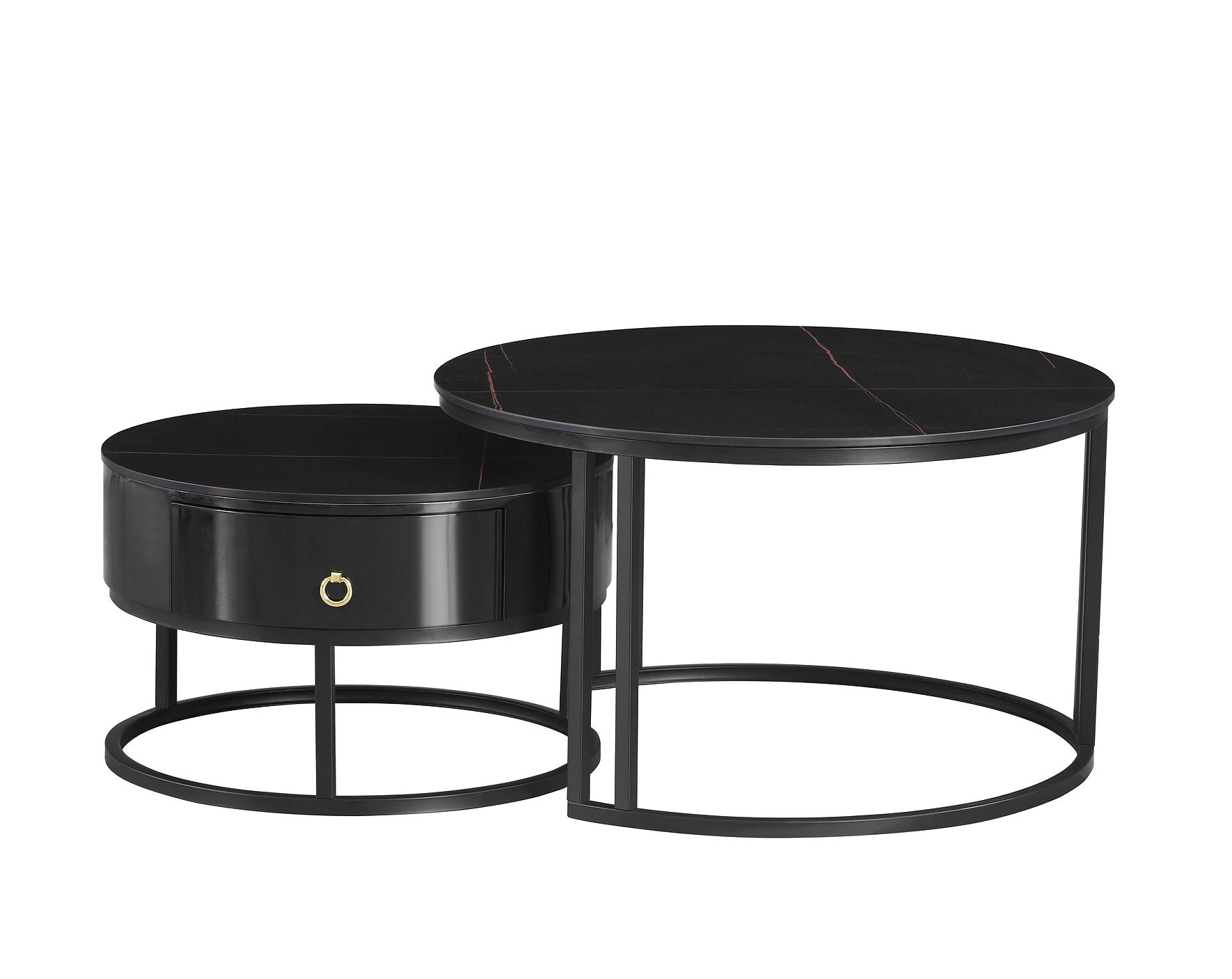 IF-2667 Coffee Table Set, 2Pc, Nested, Marquina Midnight Black Stone Top, Black Steel Base