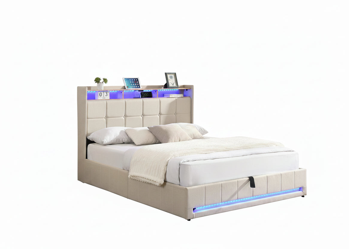 IF-5404 Lift Bed, Beige, Fabric, Button Tufting, Under Bed Storage, Hydraulic Lift for Easy Lifting, USB Charging, LED Accent Lighting, Remote Control