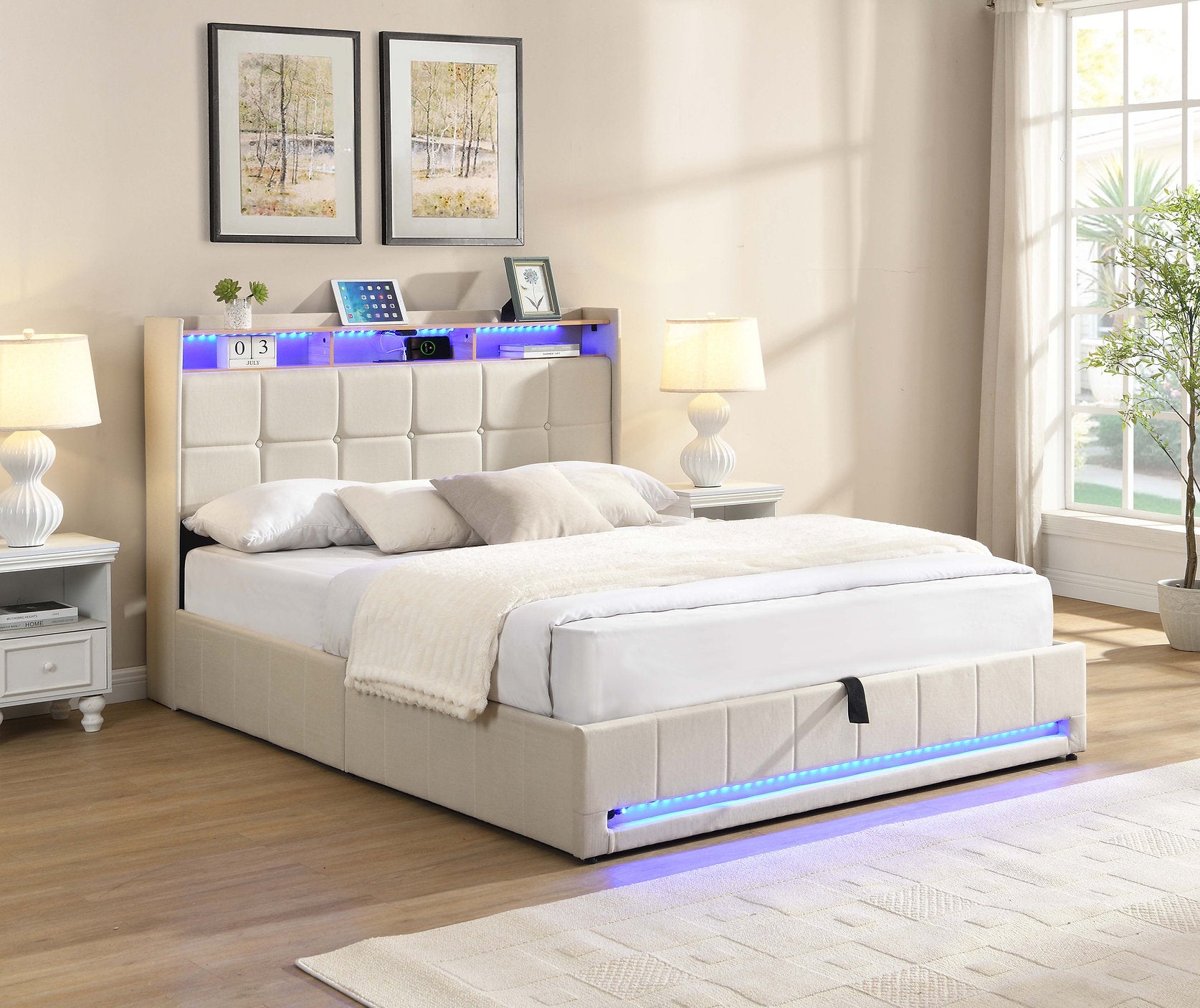IF-5404 Lift Bed, Beige, Fabric, Button Tufting, Under Bed Storage, Hydraulic Lift for Easy Lifting, USB Charging, LED Accent Lighting, Remote Control