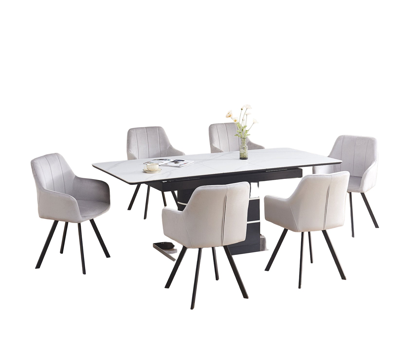 T-1410 | C-1411 Dining Set, 7Pc, Extension Table, 63"-79", Sintered Stone Top, White Marble, Light Grey Swivel Chairs