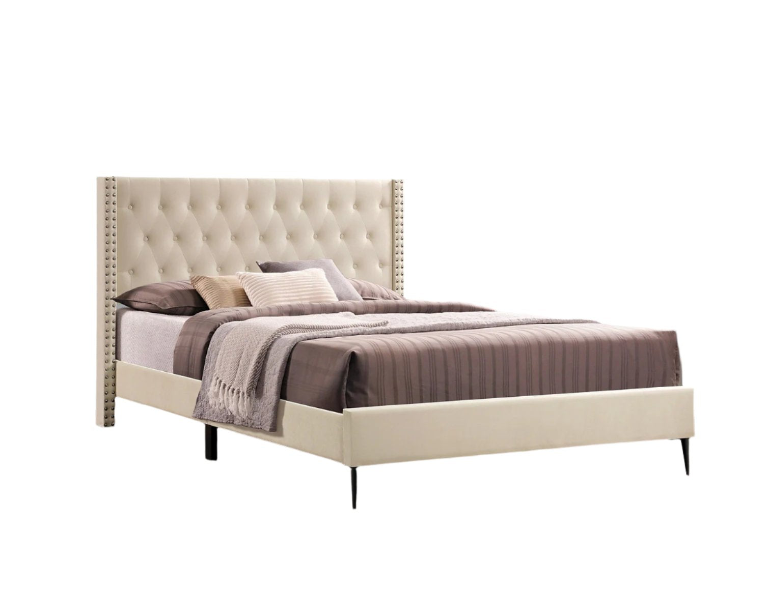 IF-5592 Bed, Creme, Velvet, Diamond Pattern Tufted Headboard